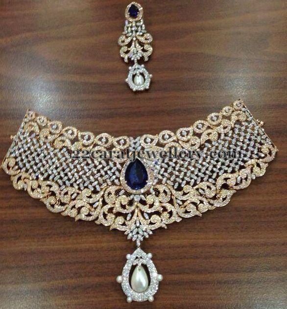 Diamond Necklace with Blue Earrings Jewellery Designs