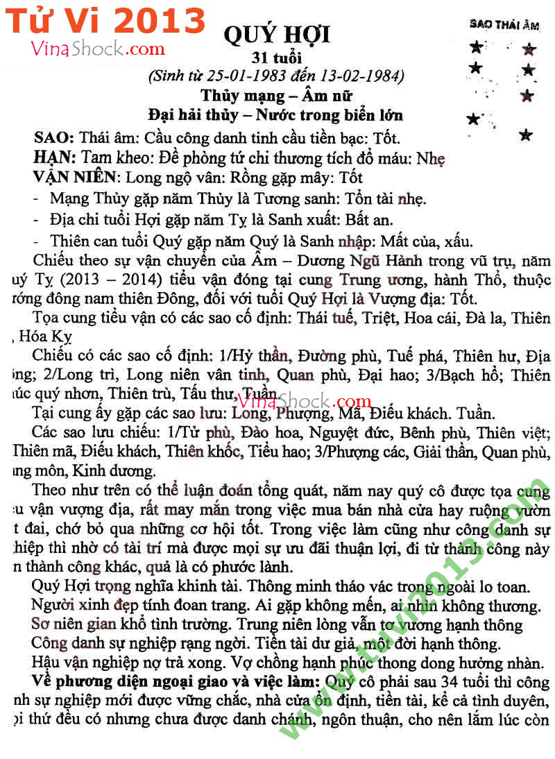 Xem tử vi năm 2013 cho tuổi Hợi