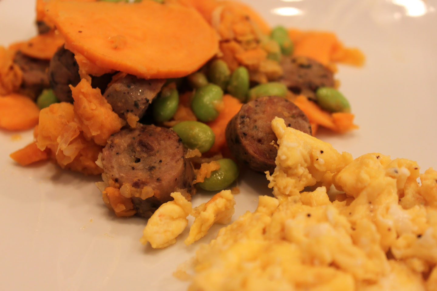 Kelly's Healthified Kitchen Sausage, Potato & Edamame Breakfast Scramble