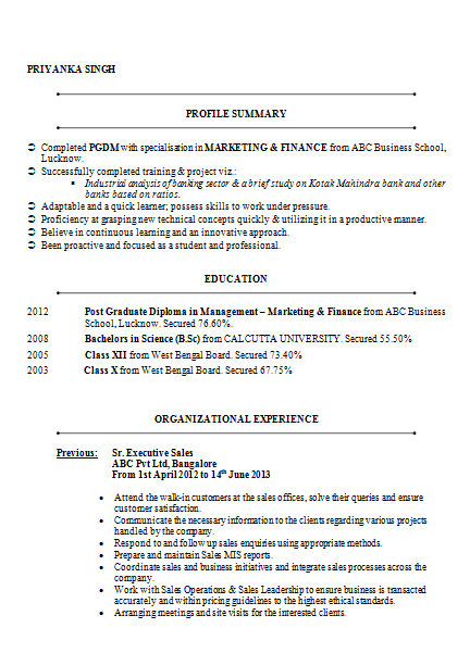 mba fresher resume samples