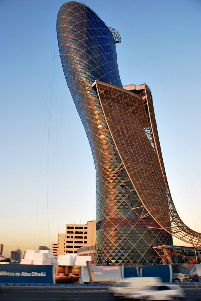 Capital Gate is an iconic leaning skyscraper located in Abu Dhabi adjacent to the Abu Dhabi National Exhibition Centre. At 160 meter (520 ft) and 35 stories, it is one of the tallest buildings in the city and leans at an astounding 18 degrees to the west, four times than the famous Leaning Tower of Pisa. In June 2010, the Guinness Book of World Records certified Capital Gate as the "World’s furthest leaning man-made tower."