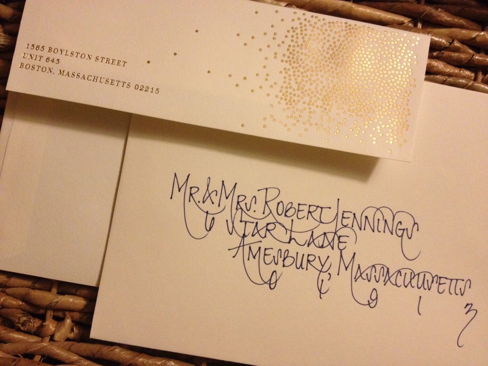 Penned and Pretty...A Calligraphy ShopCream Envelopes w/ a Navy Liner & Navy Ink Calligraphy...