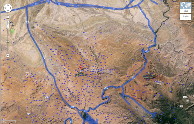 Terrain view of the area around Arches National Park, Utah and the blue lines indicating where Google Street Views has gone.