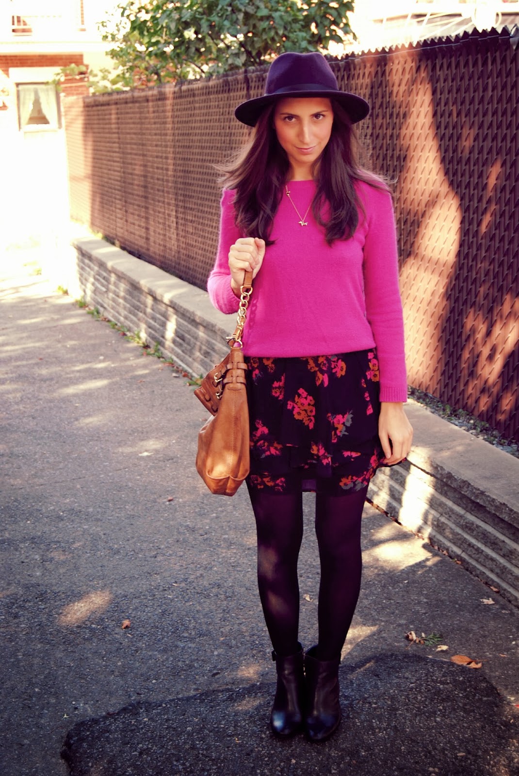 pink sweater floral skirt black booties purple eggplant hat fall fashion