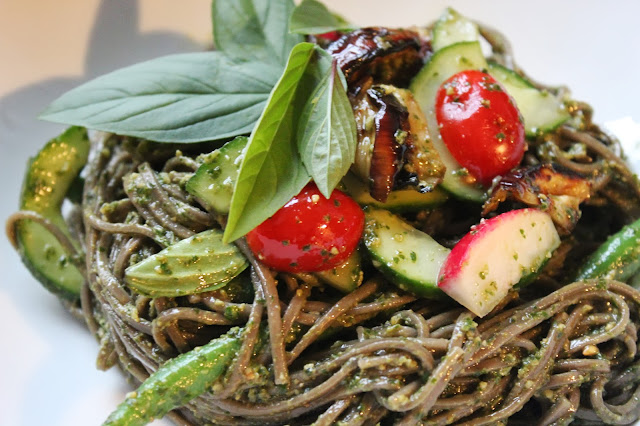 Soba noodle salad with pesto and grilled eggplant