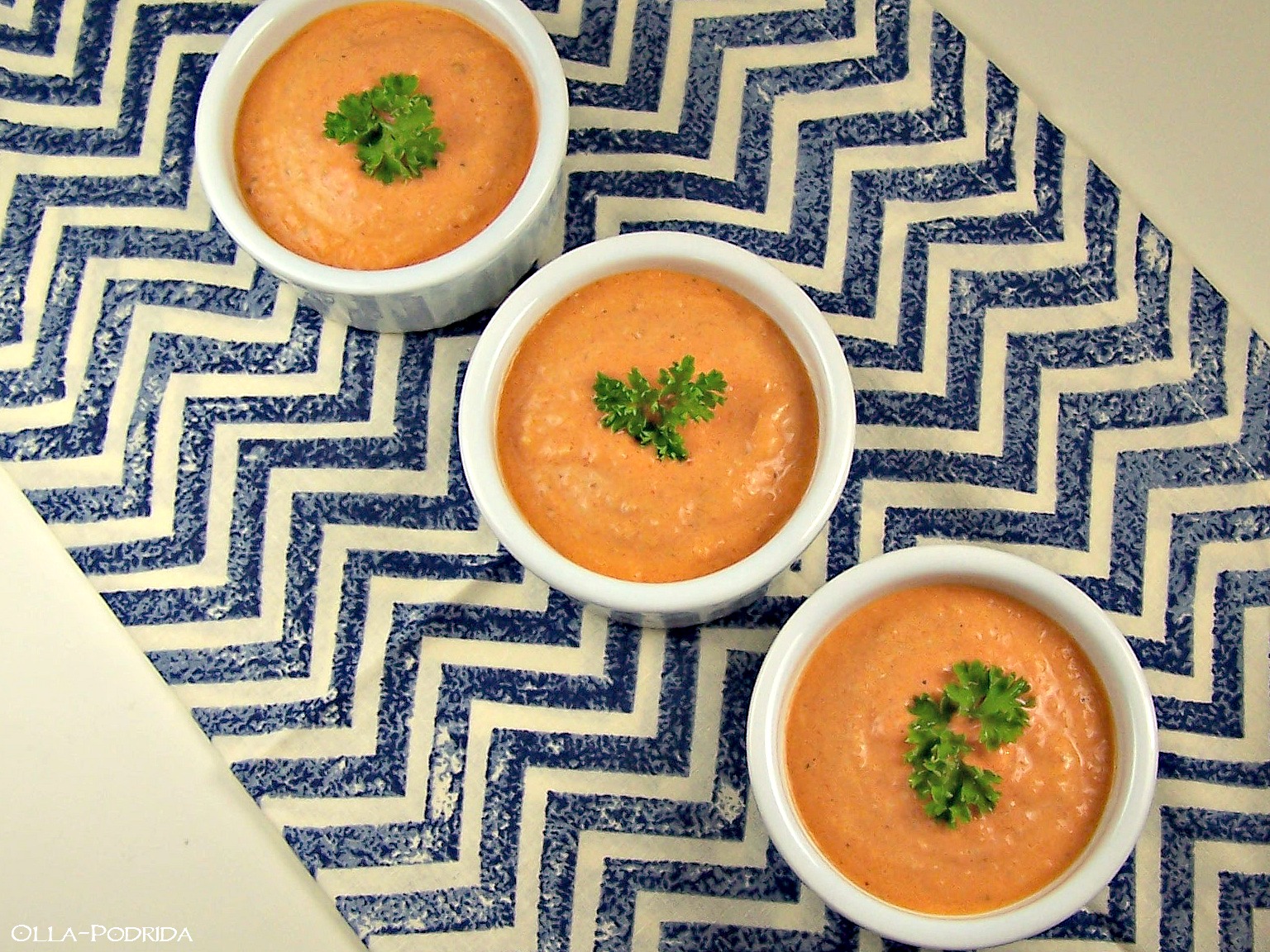 OllaPodrida Sweet Red Pepper and Smoked Gouda Bisque
