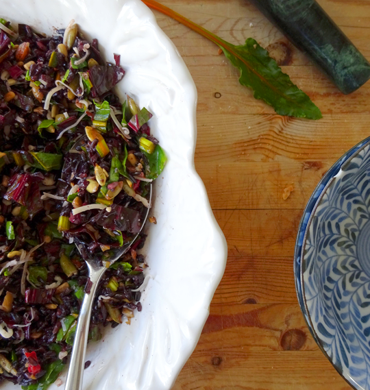 EmilyStyle Black Rice Salad with Beet Greens, Nuts and Olives