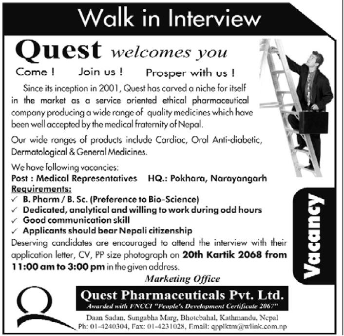 Job Vacancy Quest Pharmaceuticals Pvt. Ltd. Jobs in Nepal