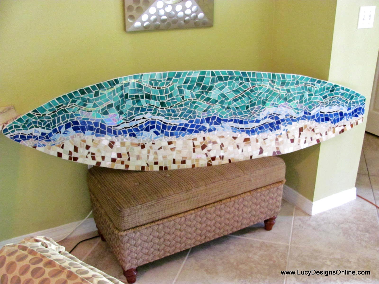 Mosaic Surfboard Art, Stained Glass Wave, Palm Tree, Abstract and Sea