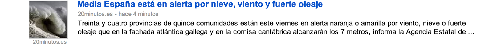 Recorte de una noticia sobre condiciones climáticas en España publicada en Google Noticias.