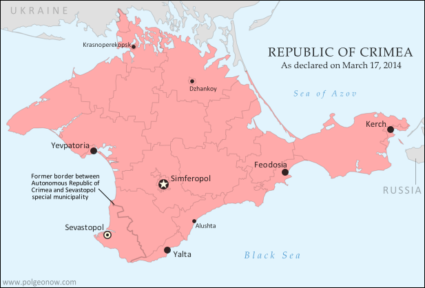 Map of the newly declared independent Republic of Crimea, seceding from Ukraine to join Russia (colorblind accessible).