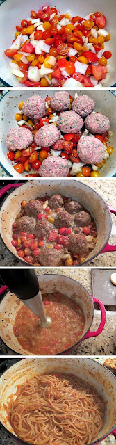 Oven roasted meatball marinara with spaghetti Fresh cherry tomato, homemade meatballs, oven roasted.