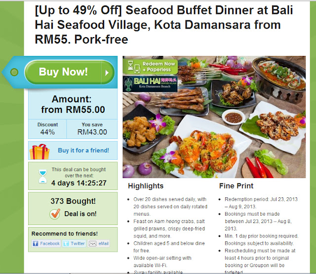 Groupon Deal 2013 Review: Seafood Buffet Dinner at Bali Hai Seafood Village, Kota Damansara: myduacents.blogspot.com