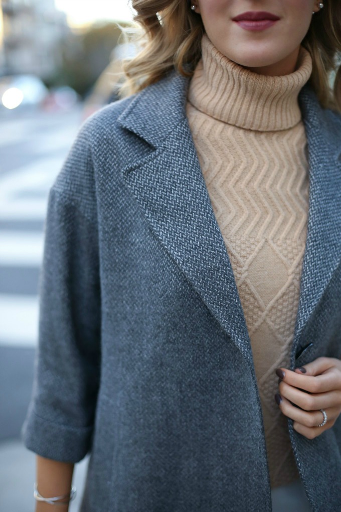 Grey Herringbone Coat Camel Cableknit Turtleneck