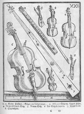 The violin family, an engraving in Michael Praetorius's 'Syntagma Musica'
