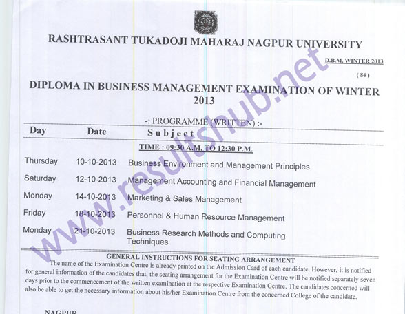 DBM Winter 2013 Timetable RTM Nagpur University