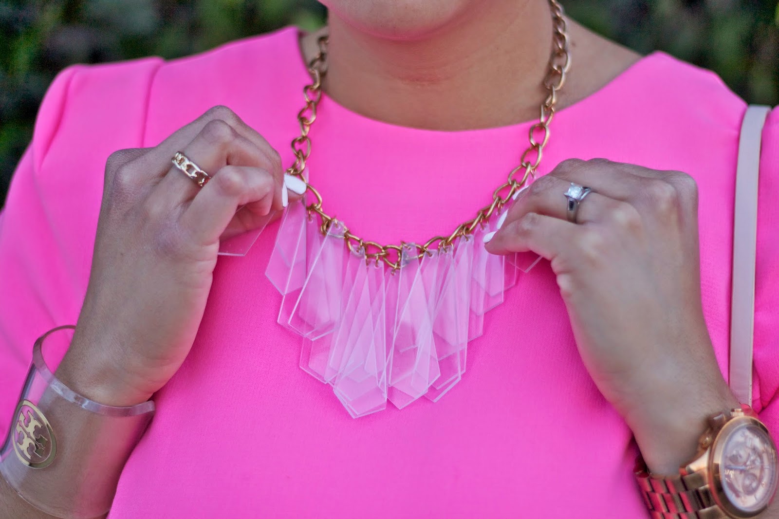 How to wear hot pink, what accessories to wear with hot pink, clear accessories, acrylic accessories, hot pink dress from asos, river island pink dress