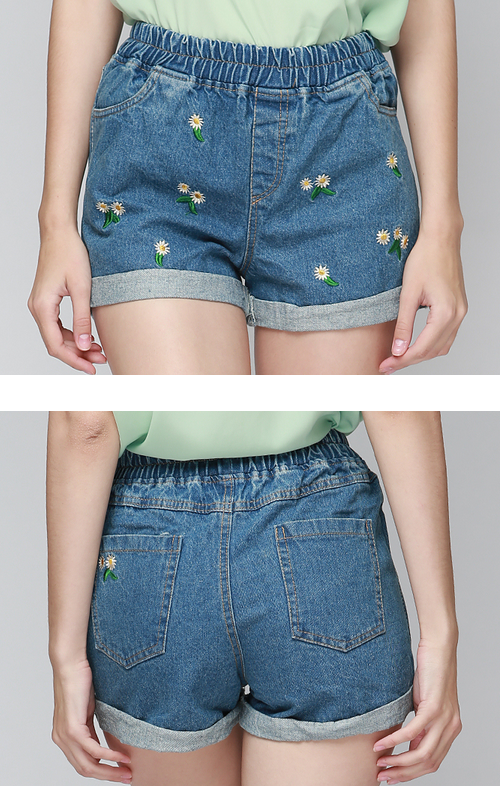 Daisy Embroidered Denim Shorts