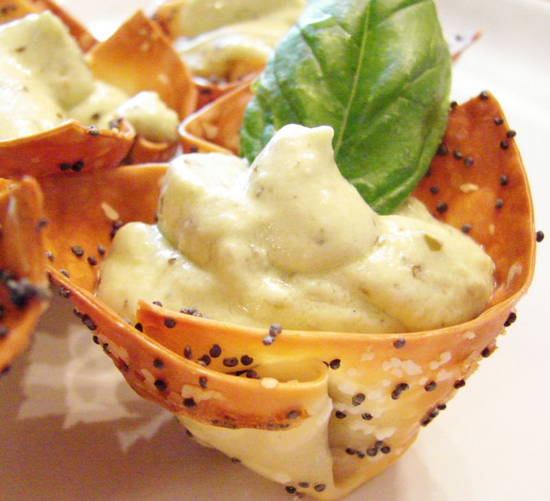 Avocado, Pesto and Goat Cheese Mousse in Crispy Poppy Seed Wonton Cups