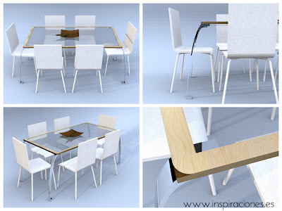 composición de mesa minimalista de contrachapado y vidrio con patas de acero