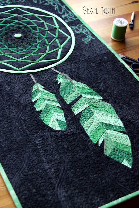 Shape Moth Dreamcatcher mini quilt finished