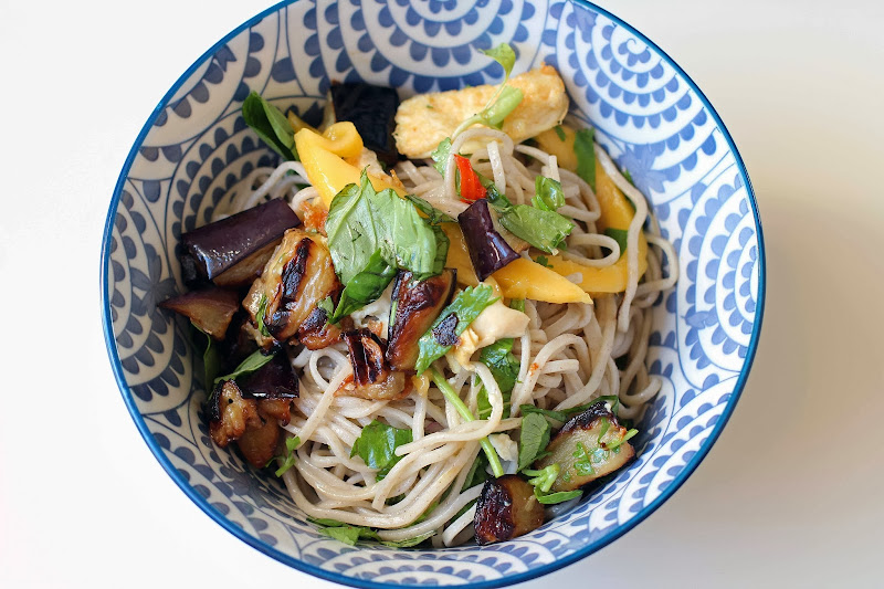 Milk and Honey Soba Noodles with Fried Tofu, Eggplant and Mango