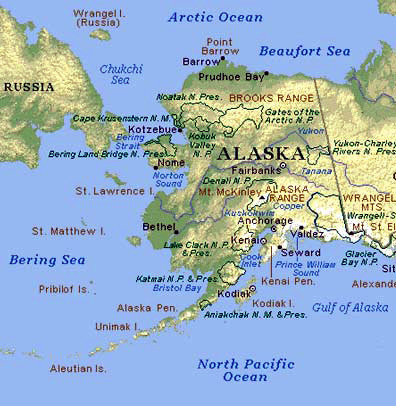 alaska map russia usa maps canada physical state states united cities ocean pacific city lakes russian satellite between arctic west