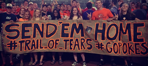 Oklahoma State fans bring anti-FSU Trail of Tears sign to ESPN College GameDay. (UPDATED) Oklahoma State fans bring anti-FSU Trail of Tears sign to ESPN College GameDay. (UPDATED)