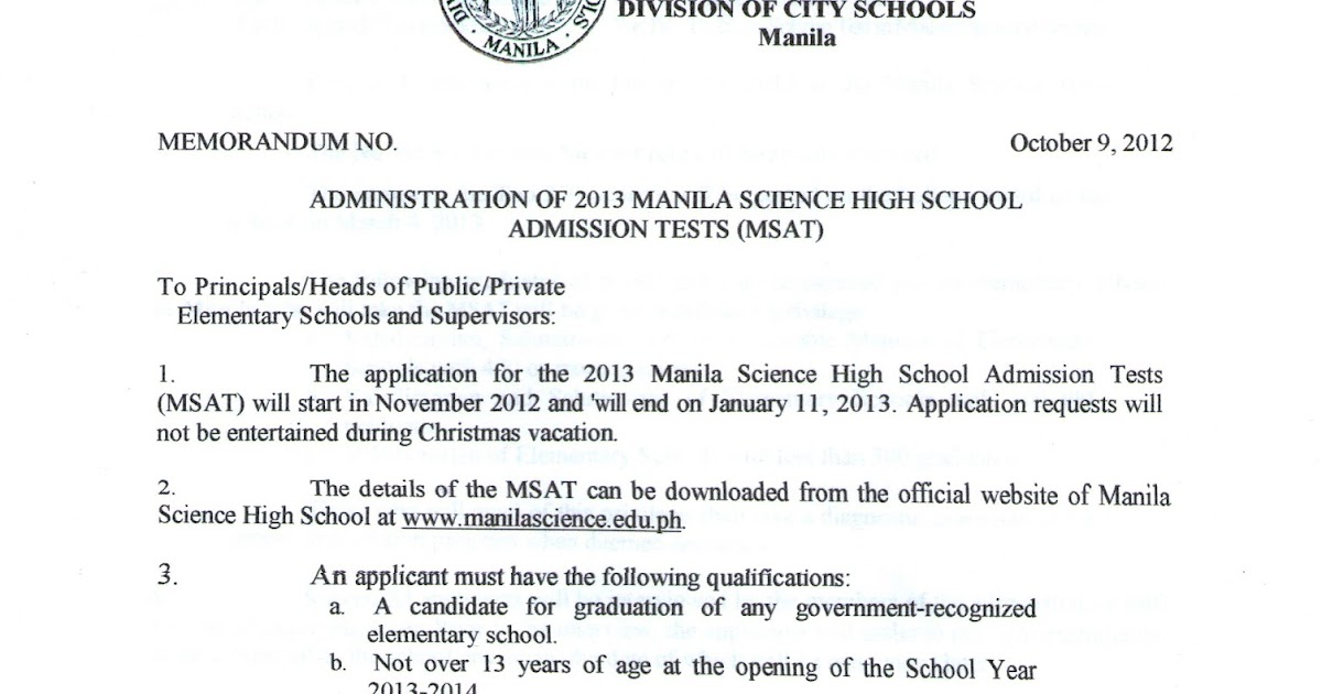 Department of Education Manila 2013 Manila Science High School Admission Test