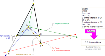  Problem 609: Triangle, Perpendiculars, 90 Degrees, Collinearity.