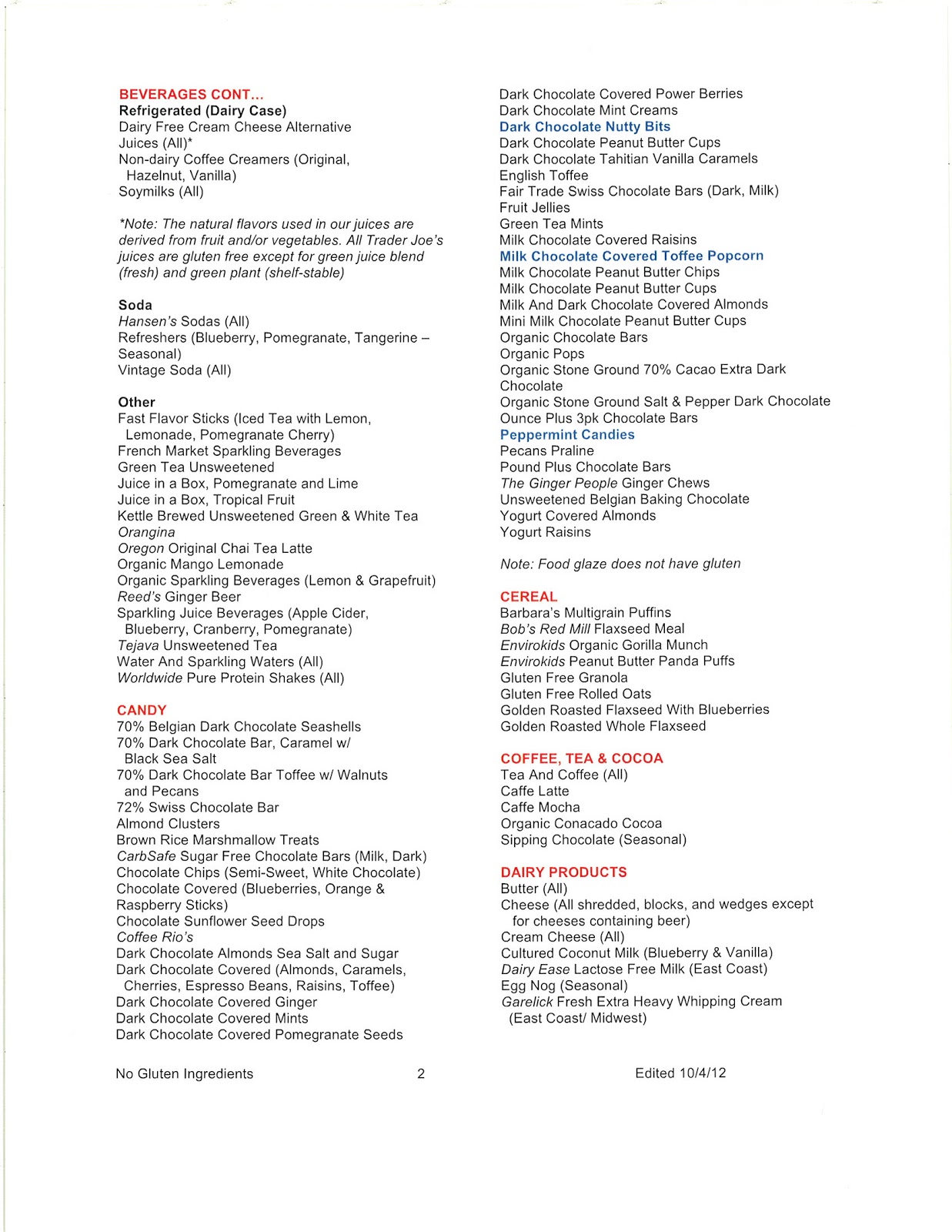 Trader Joe's List "No Gluten Ingredients List"