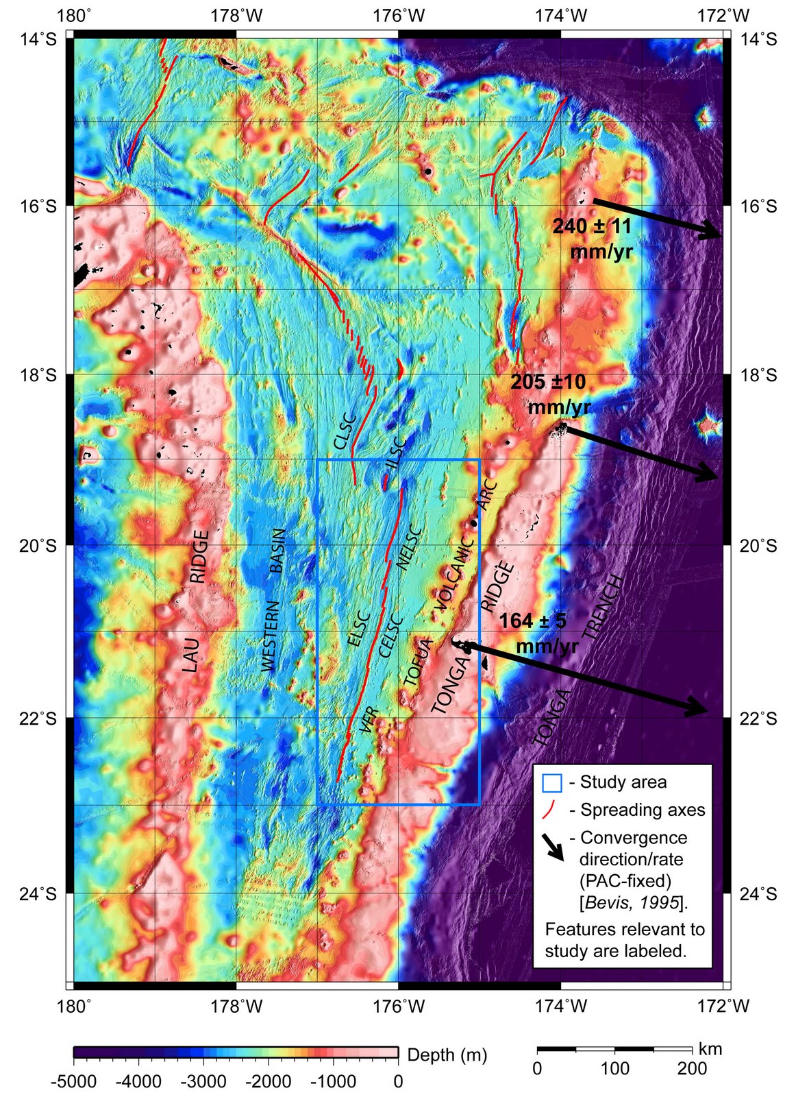 location map showing lau basin bathymetry seafloor topography my master s study area is outlined by the blue box the red lines mark the spreading location map showing lau basin bathymetry seafloor topography my master s study area is outlined by the blue box the red lines mark the spreading