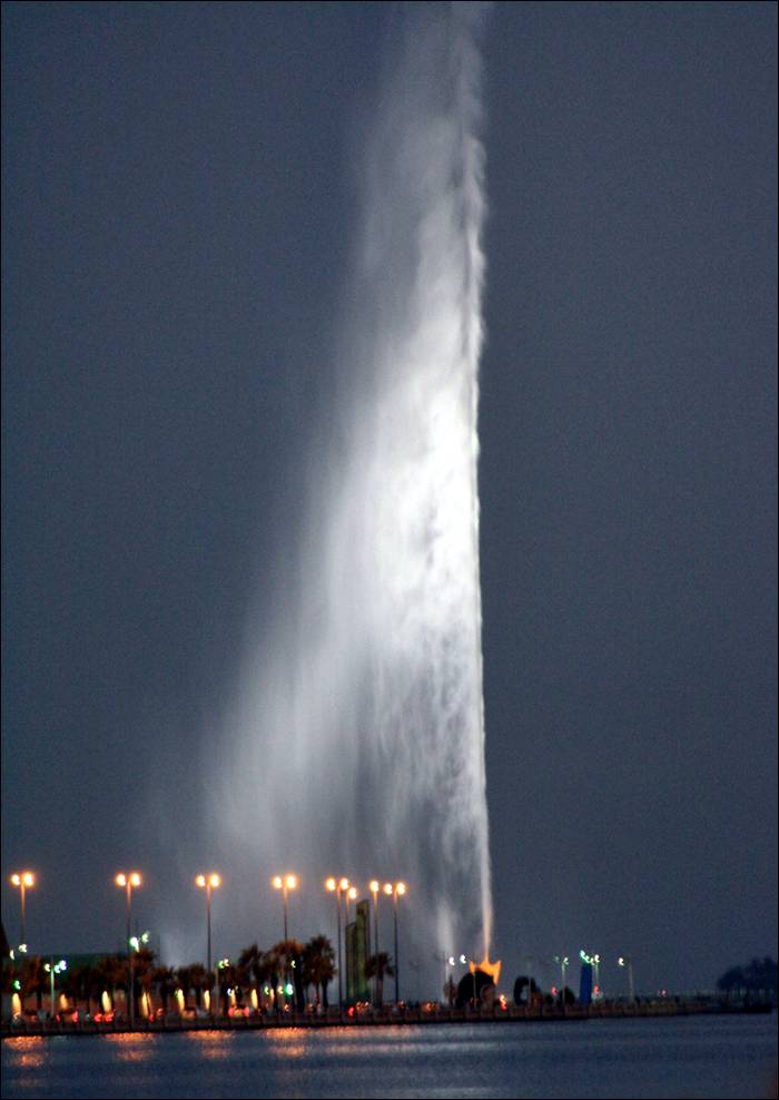 King Fahd's Fountain, also known as the Jeddah Fountain, is the tallest of its type of fountain in the world. Located in the coast of Jeddah, west coast of Kingdom of Saudi Arabia. The fountain jets water 1,024 feet (312 m) above the Red Sea. It was donated to the city of Jeddah by King Fahd, hence its name. The fountain is visible throughout the entire vicinity of Jeddah. The water it ejects can reach a speed of 375 kilometres (233 mi) per hour and its airborne mass can exceed 18 tons. It was constructed between 1980 and 1983 and began operating in 1985. The fountain uses saltwater taken from the Red Sea instead of freshwater. It uses over 500 spotlights to illuminate the fountain at night.