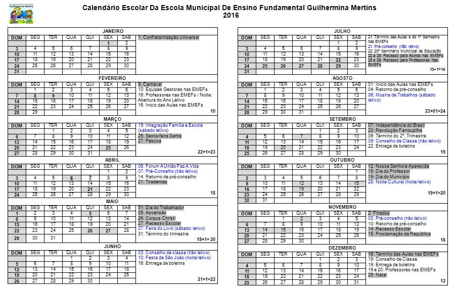 Calendário escolar 2016