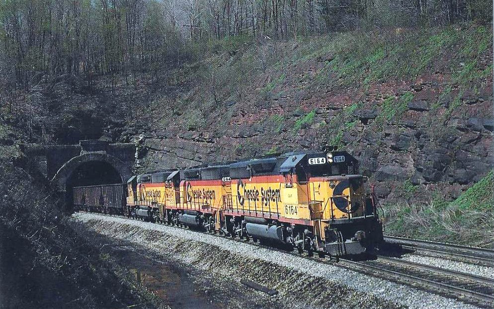 Chessie System freight train on Sand Patch Grade, Pennsylvania, 1970s.