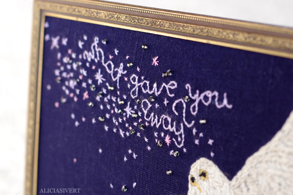 aliciasivert, alicia sivert, alicia sivertsson, embroidery, needlework, stitch, stitching, hedwig, harry potter, what gave you away?, owl, sky, stars, beads, uggla, himmel, stjärnor, pärlor, broderi, hantverk, handicraft, craft, remake, upcycle, begagnat garn, yarn, harry potter och dödsrelikerna, and the deathly hallows