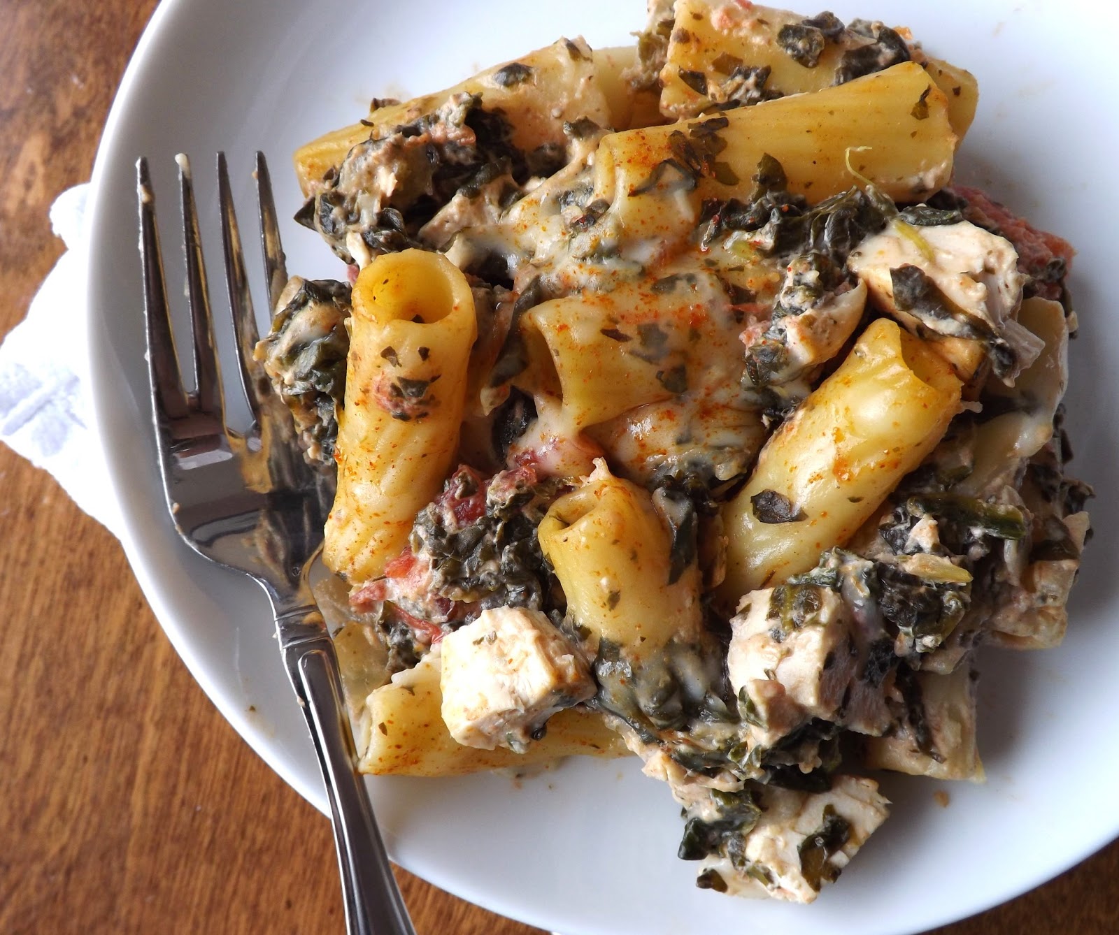 The BakeOff Flunkie Creamy Herbed Chicken, Rigatoni & Spinach