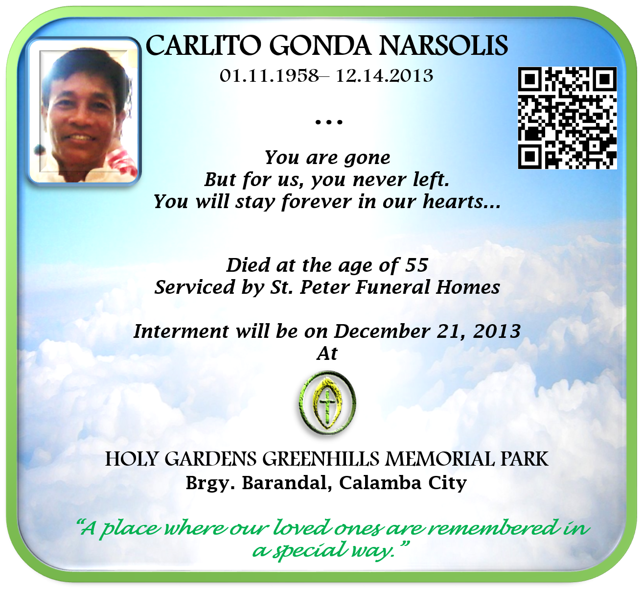 HOLY GARDENS MEMORIAL PARK griefshare Interment Notice for Carlito G