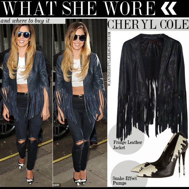 What She Wore Cheryl Cole In Leather Fringed Jacket With Crop Top Cheryl Cole In Leather Fringed Jacket Top White Crop Ripped Black Jeans And