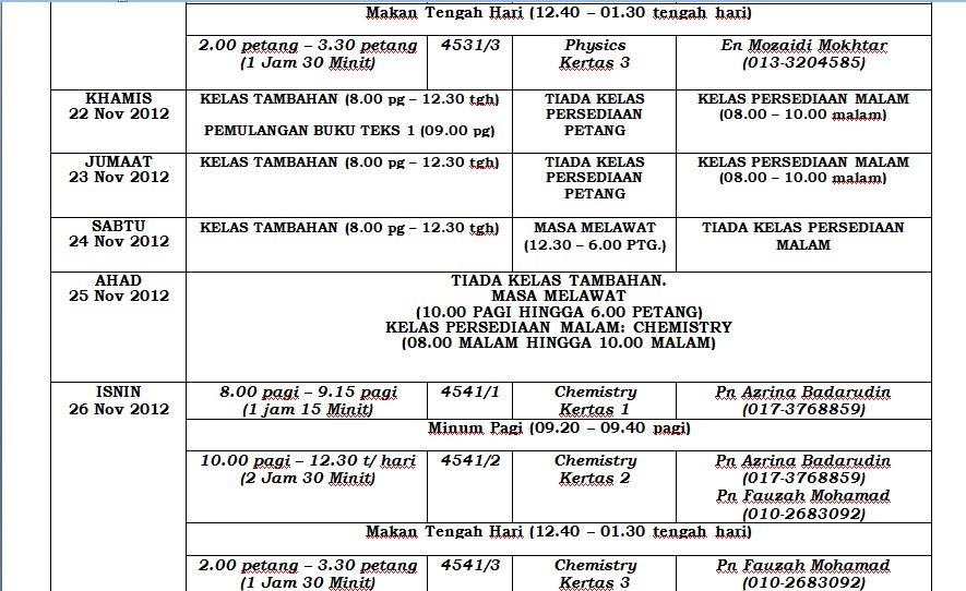 Sekolah Menengah Sains Rembau Jadual Waktu Peperiksaan SPM & Jadual