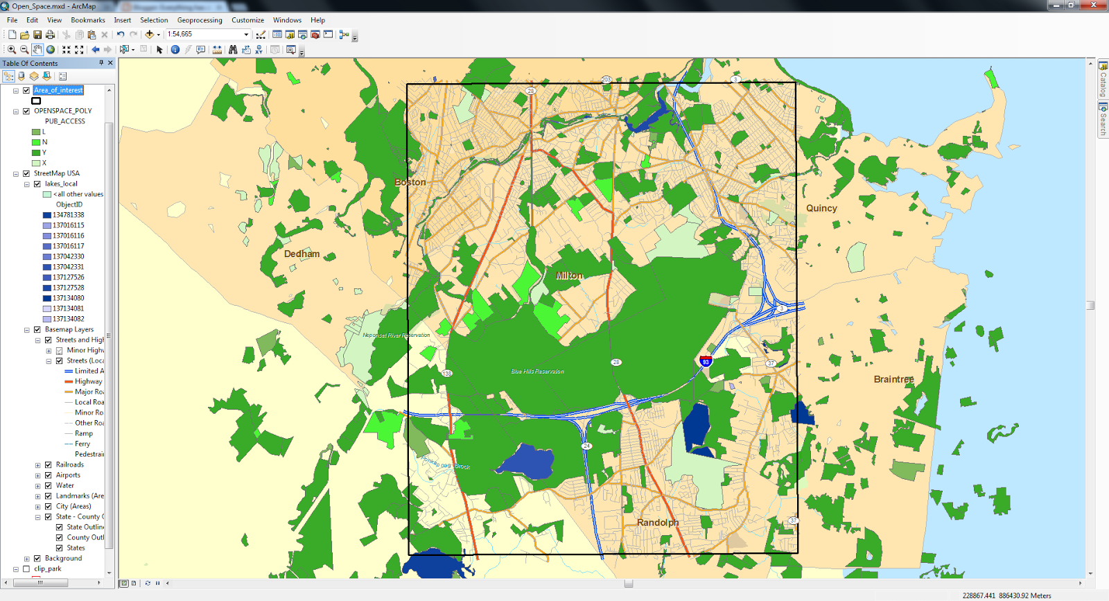 example we can see that open space layer was clipped to the area of interest box now we have a better understanding of your area that we are mapping example we can see that open space layer was clipped to the area of interest box now we have a better understanding of your area that we are mapping