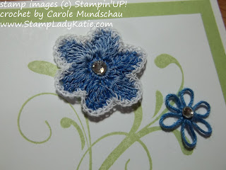 Card decorated with Stampin'UP! Everything Eleanor and hand crocheted flowers