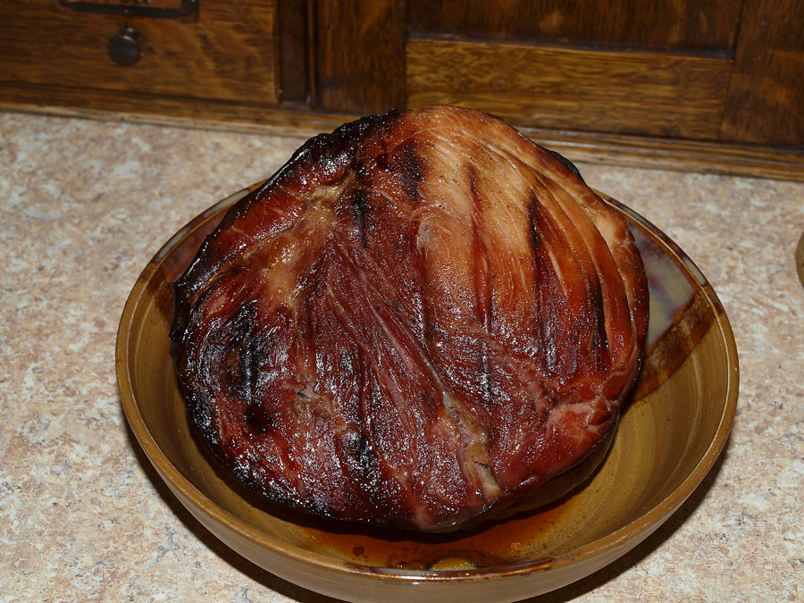 Pellet Smoker Cooking Smoked Ham and pickled peppers