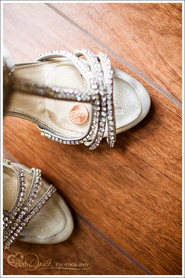 Wedding day lucky penny Detail of penny in shoe