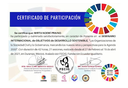 Agradecida por el Certificado como Ponente en el Seminario Internacional de Objetivos de Desarrollo