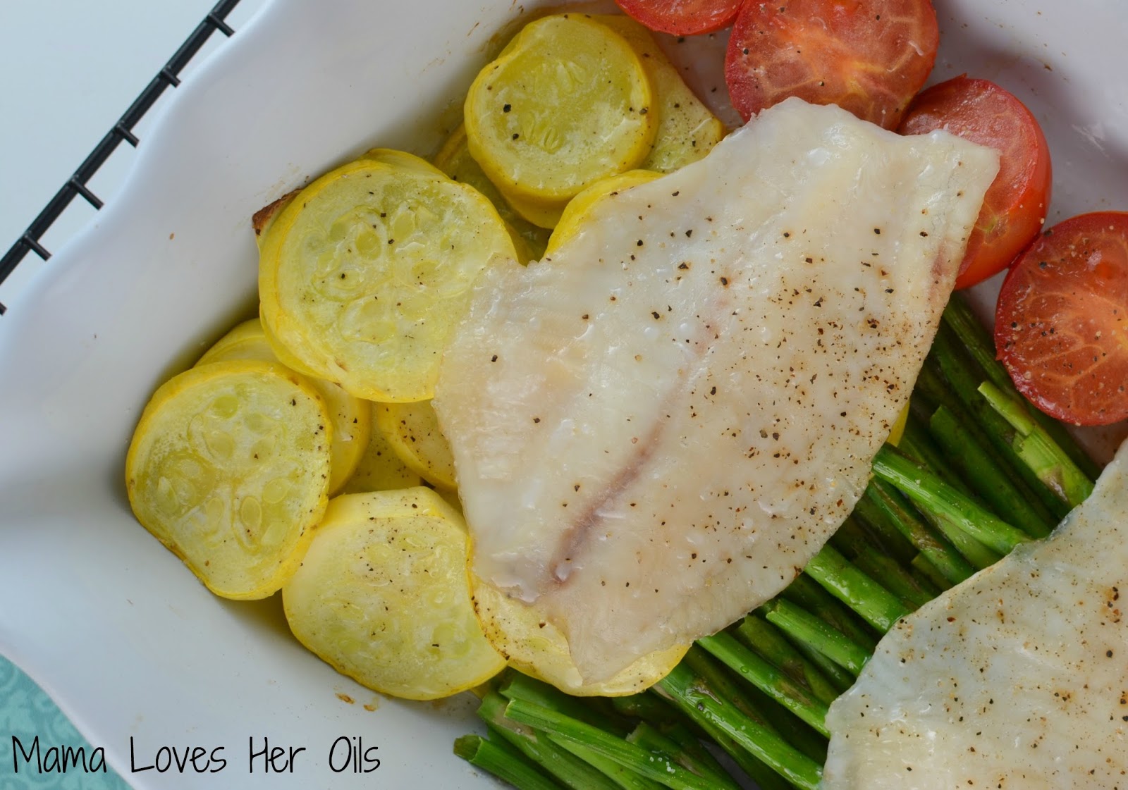 Healthy One Pan Asparagus, Summer Squash, Tomato and Tilapia Bake
