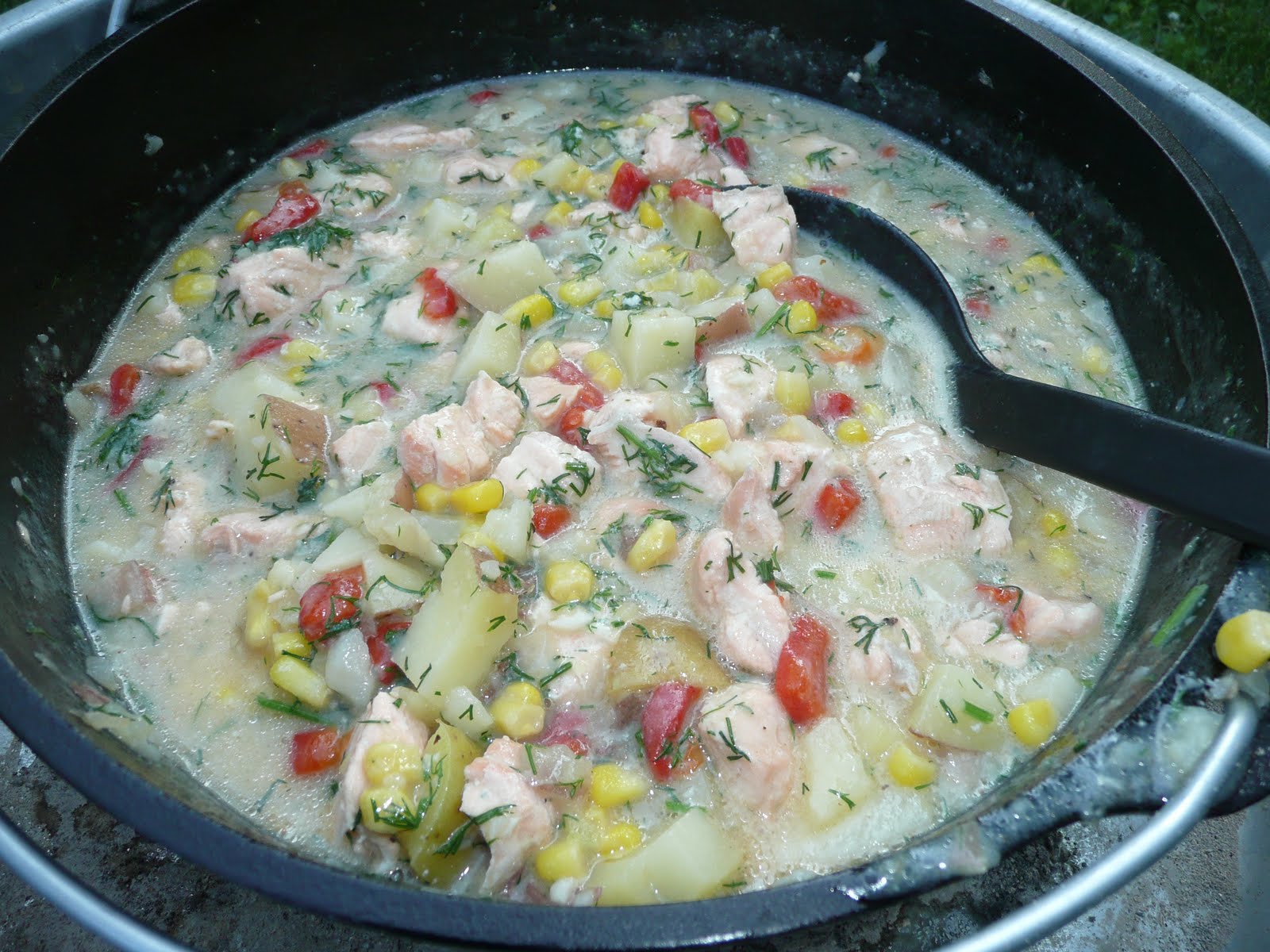 Everyday Dutch Oven Salmon and Corn Chowder