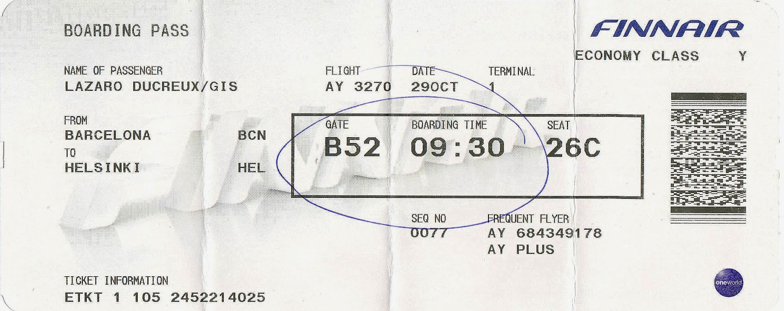 The traveler's drawer FINNAIR. Boarding pass for the flight AY 3270