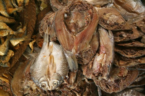 Dried fish at Burmese market Baskets of dried fish at Indein market, Burma
