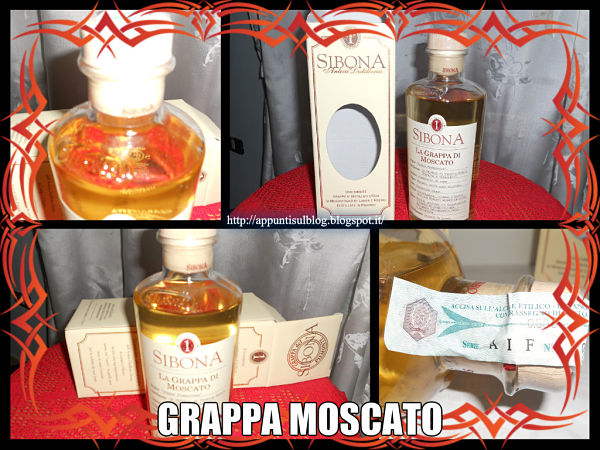 La Grappa di Moscato è contenuto in una piccola e graziosa bottiglia chiara con tappo in sughero dalla capienza di 50 cl. Sull'etichetta sono evidenziate l'origine della Grappa Piemontese, la distillazione: In proprio di Vinacce nobili "Fresche e dirapate"; l'impianto in alambicchi d rame, il vitigno Moscato delle zone storiche, il colore paglierino e l'aroma e il profumo della grappa. Già dal primo sorso, il suo aroma e profumo mi ha avvolta e travolta, tale era il profumo intenso e ricco dell'Uva Moscato appena raccolta. Il sapore è morbido ricco di aromi fruttati con retrogusto delicatamente dolce e che dura a lungo. I gradi di alcool sono di 44%, sul retro della bottiglia ho notato che ci sono dei segni graduati per versarne la giusta quantità in bicchieri adatti. http://appuntisulblog.blogspot.it/2013/03/grappe-e-liquori-sibona-dalaroma.html